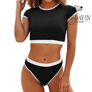 Jolefille Ribbed Short Sleeve Bikini Swimsuit Size L